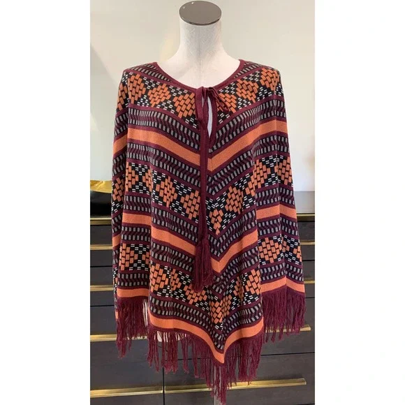 plenty by Tracy Reese Women’s M/L striped fringed folkloric poncho - Picture 2 of 9